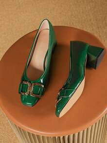 V口金屬扣粗跟漆皮鞋,綠色風格復古高端高跟鞋女鞋