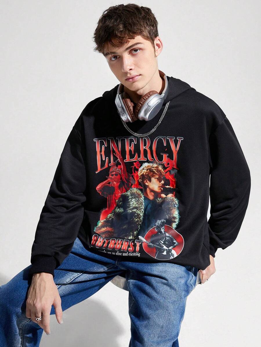 SHEIN Sudadera con capucha de estilo casual y de rock para adolescentes con estampado - Negro - Ver 1