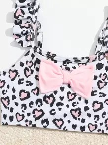 Young Girl Swimwear Set, Heart-Shaped Pink Color, Leopard Print