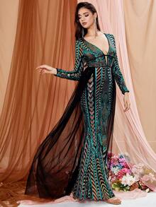 LOVE&LEMONADE Cổ Lao Lưới tương phản Kim sa Ăn mặc trang trọng - màu xanh lá - Xem 5