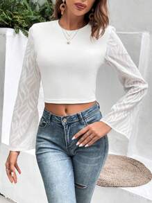 SHEIN VCAY Women's Round Neck Bell Sleeve Patchwork Top - White - View 3