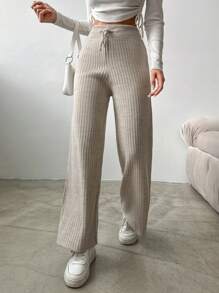 SHEIN Của phụ nữ Lỏng lẻo Eo đàn hồi Dệt kim Quần Với dây rút - Màu be - Xem 4