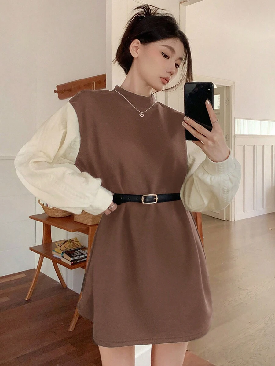 DAZY 女款立領拼色寬鬆休閒連衣裙 - 咖啡棕 - 查看 1