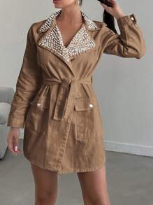 EURMUSE Women's Denim Jacket With Beaded Decorative Belt - Brown - View 2