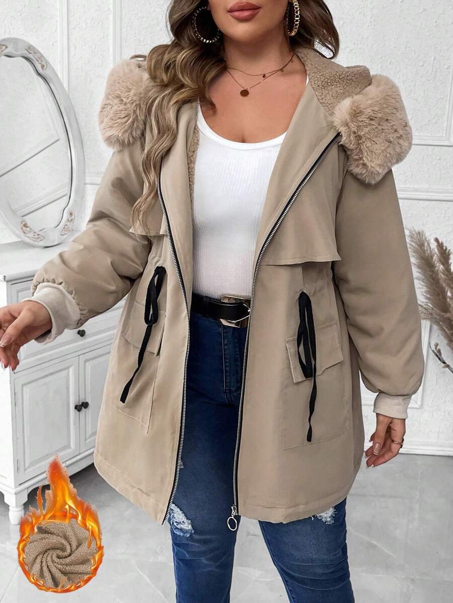 Flirla Plus Size Hooded Padded Padded Coat Clothes Winter With Nipped Waist And Raw Edge Details Fall Cloth For Women Autumn - Khaki - View 1
