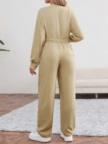 SHEIN 孕婦女士素色下肩帶腰帶連身褲 - 卡其色 - 查看 2
