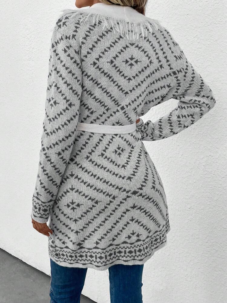 Women's Geometric Pattern Fringed Cardigan