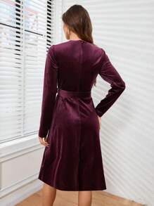 GENKIRA Ren Vá lại Thắt lưng Tay áo dài Của phụ nữ Đầm - Màu Đỏ Sâu - Xem 2