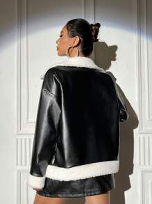 EgrlEra Borg Collar Drop Shoulder PU Leather Coat Fall Winter Cloth For Women - Black - View 2