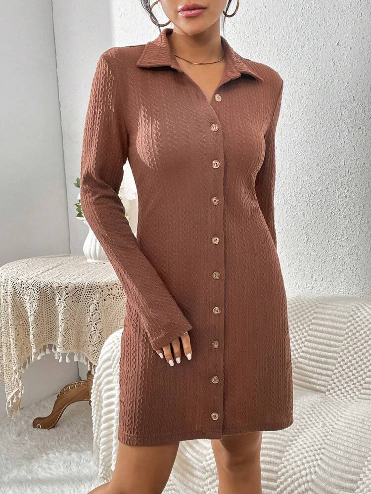 Women's Cable Knitted Turn-Down Collar Dress
