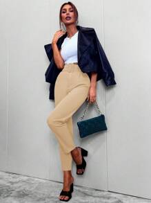 SHEIN BIZwear 女款腰帶直筒西裝褲 - 卡其色 - 查看 5