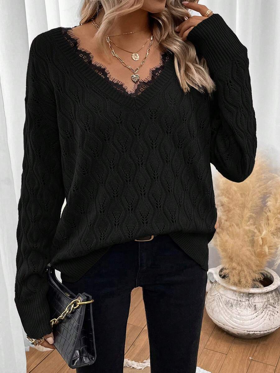 SHEIN LUNE Eyelash Lace Trim Drop Shoulder Sweater - Black - View 1