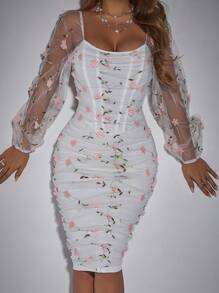 Zolique Women's Floral Embroidery Mesh Dress - Multicolor - View 1