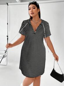 Flirla 女裝加大碼條紋時尚連帽束腰長袖連衣裙 - 黑色 - 查看 6