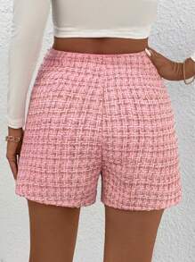 SHEIN Frenchy Kẻ sọc Chi tiết Nút Quần short - Hồng - Xem 2