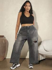 SHEIN CURVE+ Của phụ nữ Kích thước lớn Quần jean ống rộng rách - Xám - Xem 6