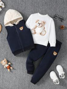SHEIN 男小童小熊印花拉鏈開襟連帽夾克背心和運動褲&套頭衫 - 寶藍色 - 查看 1