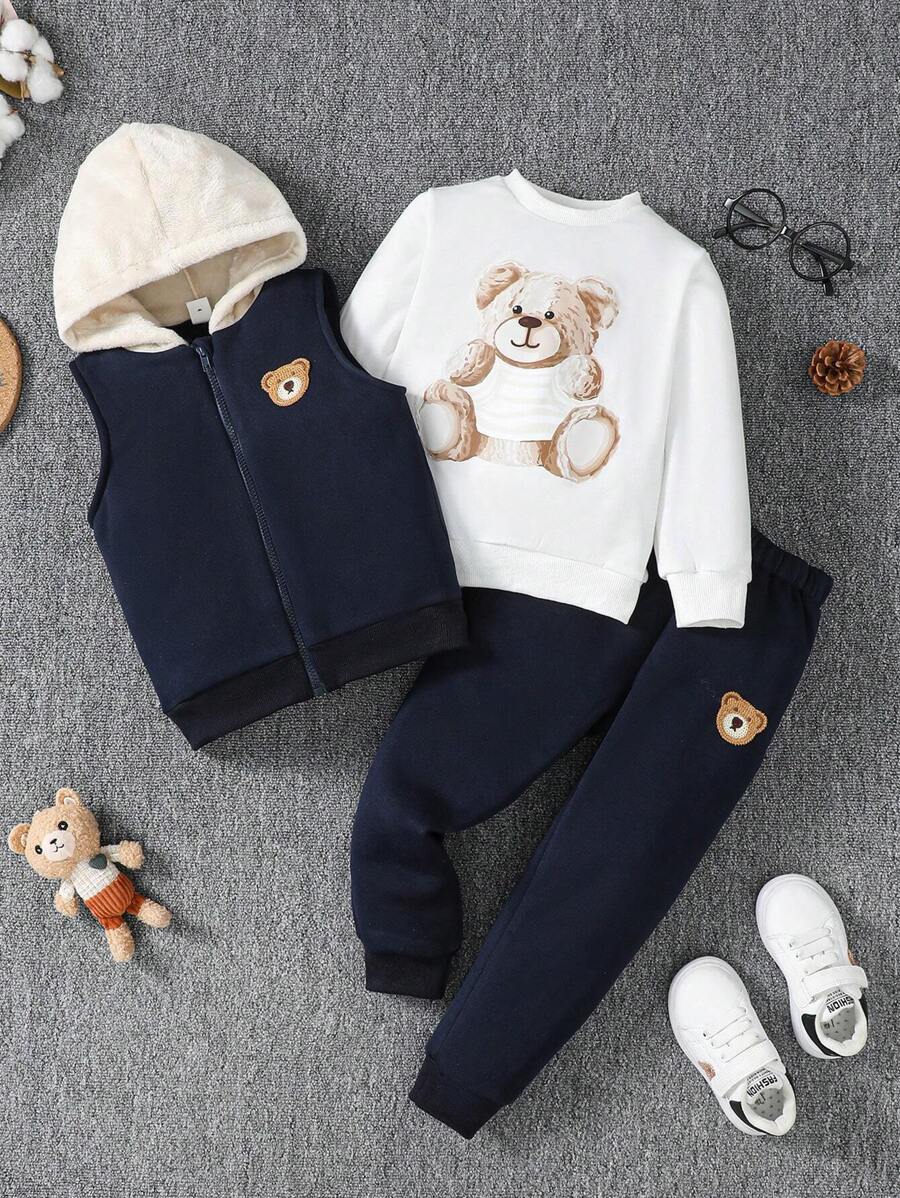 SHEIN 男小童小熊印花拉鏈開襟連帽夾克背心和運動褲&套頭衫 - 寶藍色 - 查看 1