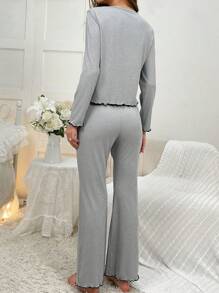 Bộ đồ ngủ phía trước có nút trang trí ren / Bộ đồ ngủ - Màu Xám nhạt - Xem 2