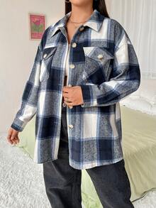 Flirla 女式加大碼格紋翻領口袋襯衫