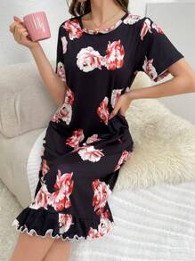 Women's Floral Printed Short Sleeve Sleep Dress - Black - View 1