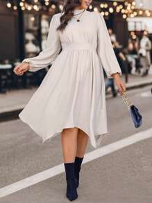 SHEIN Unity Plus Mock Neck Lantern Sleeve Hanky Hem Dress Without Belt Fall Cloth For Women - Apricot - View 1