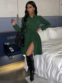 Slaydiva 泡泡袖雙排扣束帶風衣 - 墨綠色 - 查看 5