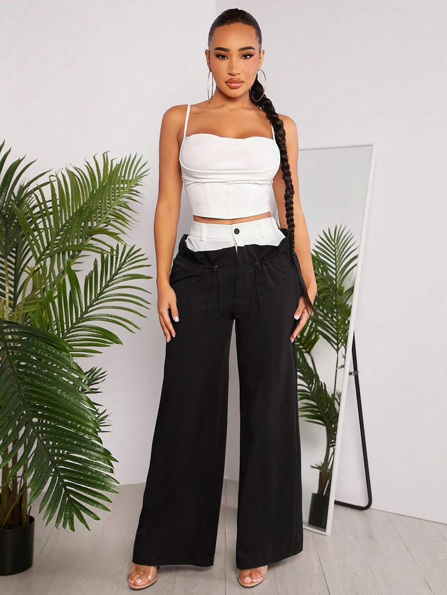 SHEIN SXY Women's Contrast Color Elastic Waist Wide Leg overalls Pants - Black and White - View 1