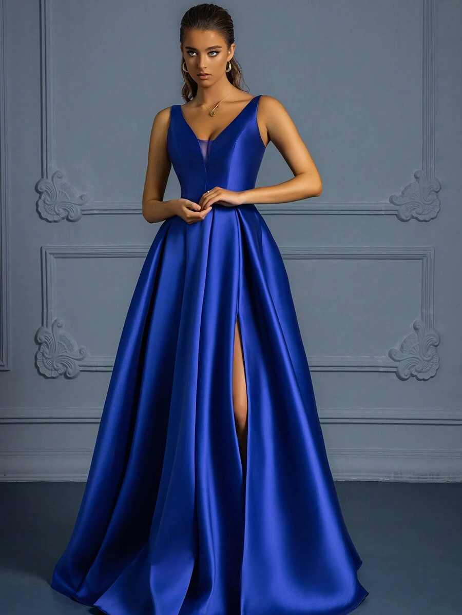 开叉大腿缎面正式礼服舞会礼服女士正式优雅舞会晚会婚礼宾客礼服，适合毕业典礼、晚宴 - 寶藍色 - 查看 1
