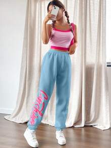 SHEIN EZwear 女式彈性腰口&捲邊褲管的字母印花運動褲 - 淺藍色 - 查看 5