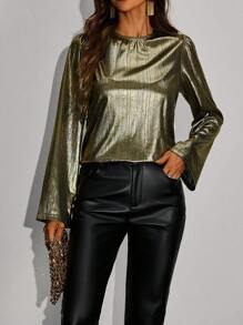 SHEIN Clasi Ladies' Metallic Puff sleeve Shirt - Gold - View 1