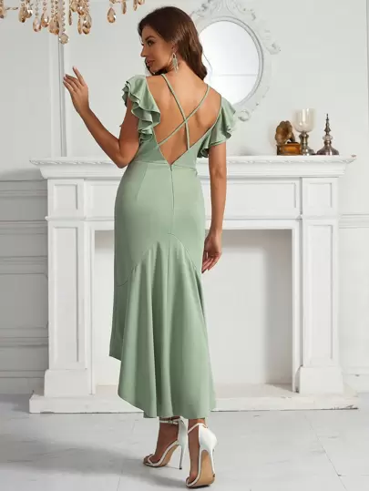 SHEIN Belle Ruffle Sleeve Short Front And Long Back Slightly Fishtail Dress