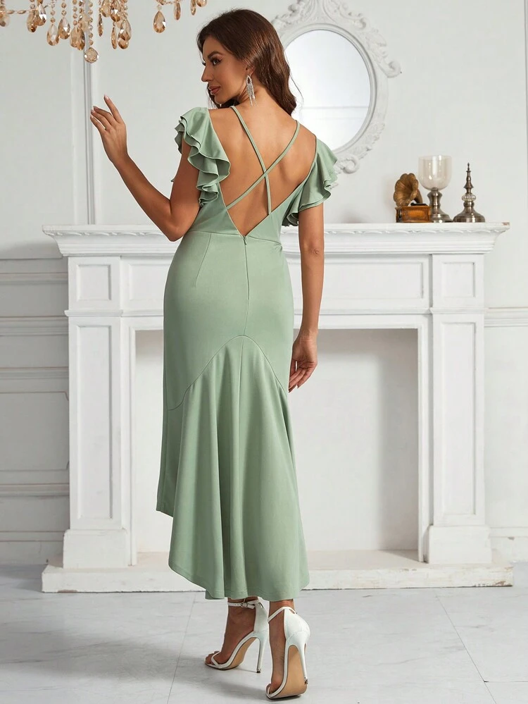 Ruffle Sleeve Short Front And Long Back Slightly Fishtail Dress