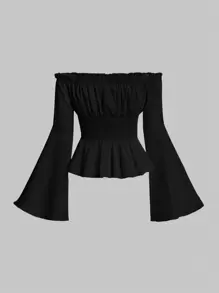 SHEIN MOD Ladies' Solid Color Ruffle Detail Off Shoulder Bell Sleeve Tie Front Blouse - Black - View 2