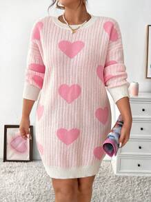 Celure Plus Size Heart Pattern Drop Shoulder Sweater Dress - Pink - View 6