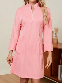 SHEIN LUNE Solid Color Zipper Half Placket Dress - Pink - View 5