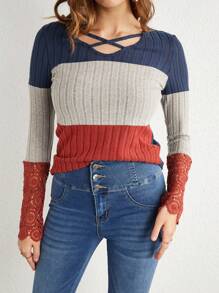 EMERY ROSE V-neck Lace Patchwork Contrast Color Long Sleeve T-shirt