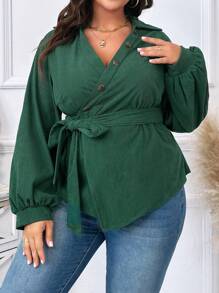 SHEIN Clasi 大尺碼純色鈕扣和腰帶細節交叉上衣