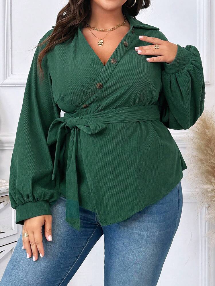 Plus Size Solid Color Button & Belt Detail Wrap Shirt Fall Cloth For Women