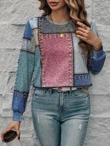 SHEIN LUNE 女士圓領拼接花紋運動衫 - 彩色 - 查看 6