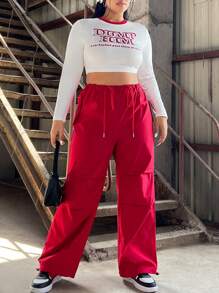 SHEIN EZwear Plus Size Women's Letter Print Cropped Top And Utility Pants Set - Multicolor - View 4