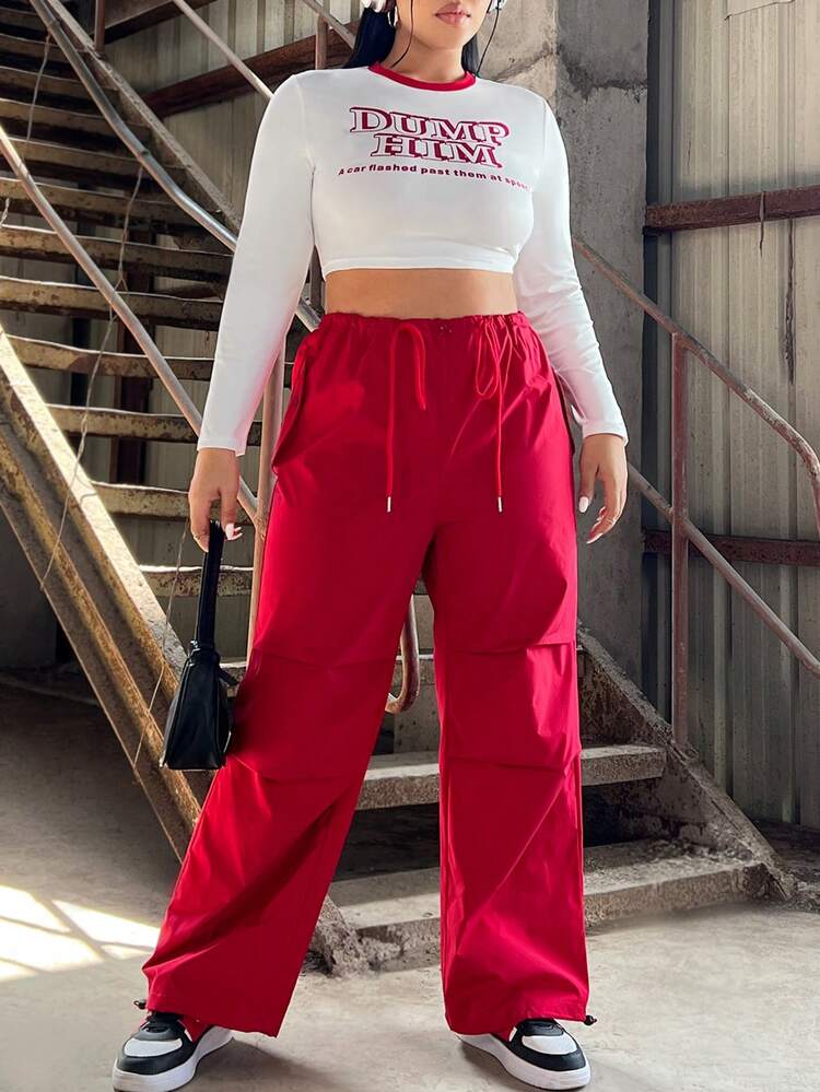 Plus Size Women's Letter Print Cropped Top And Utility Pants Set