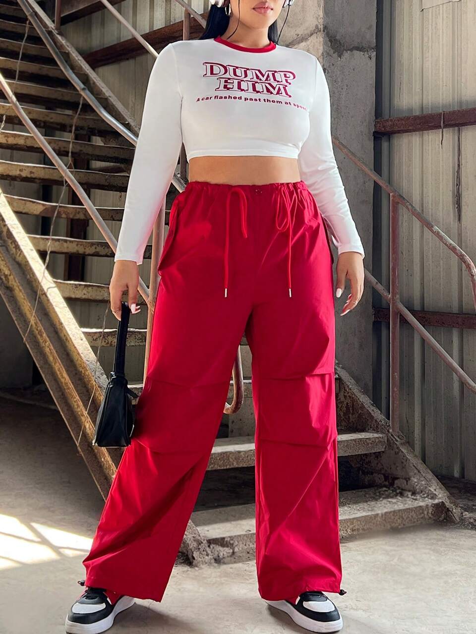 Plus Size Women's Letter Print Cropped Top And Utility Pants Set