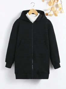 SHEIN Tween 女童休闲针织纯色连帽长款外套秋冬季 - 黑色 - 查看 1