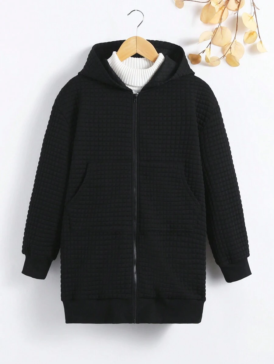 SHEIN Tween 女童休闲针织纯色连帽长款外套秋冬季 - 黑色 - 查看 1