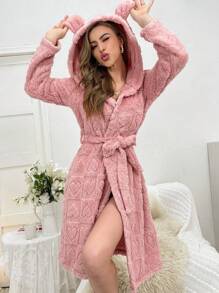 Women's 3d Ear Hooded Plush Robe - Pink - View 5