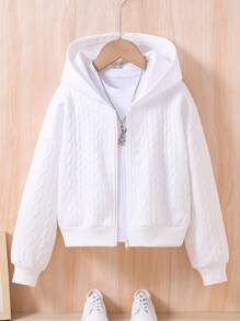 Tween 女童纯色休闲拉链连帽夹克 - 白色 - 查看 1