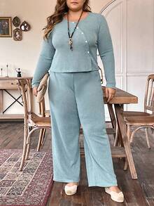 EMERY ROSE Conjunto De Pantalón Y Top Corto Liso De Talla Grande - verde menta - Ver 3