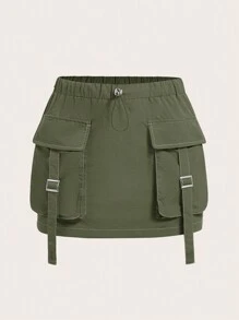 SHEIN ICON Solid Flap Pocket Drawstring Waist Cargo Skirt - Army Green - View 1