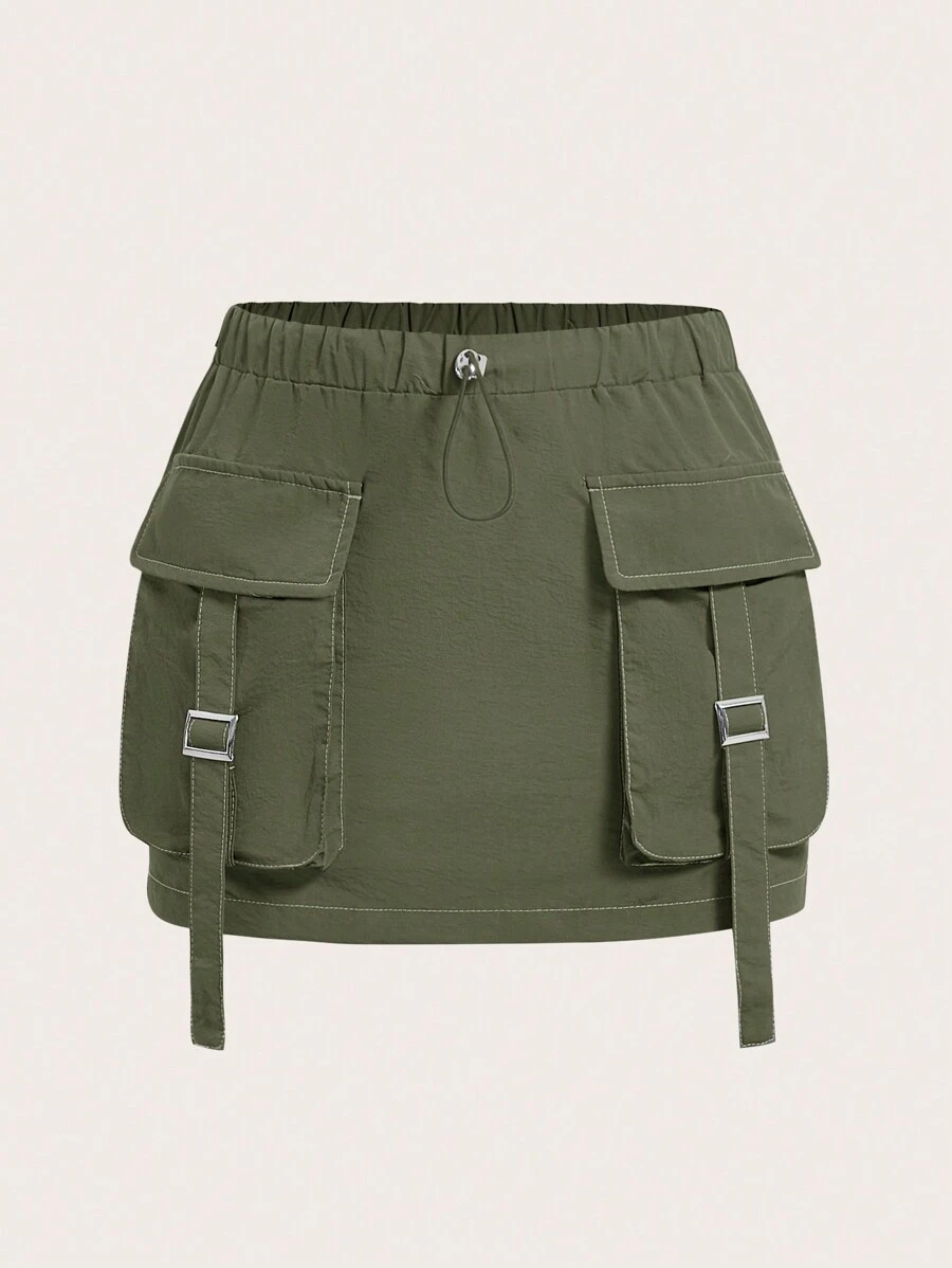 SHEIN ICON Solid Flap Pocket Drawstring Waist Cargo Skirt - Army Green - View 1